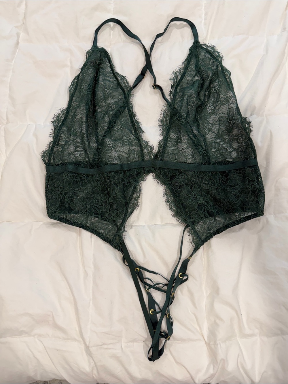 Victoria’s Secret Lace Plunge Bodysuit in Dark Green